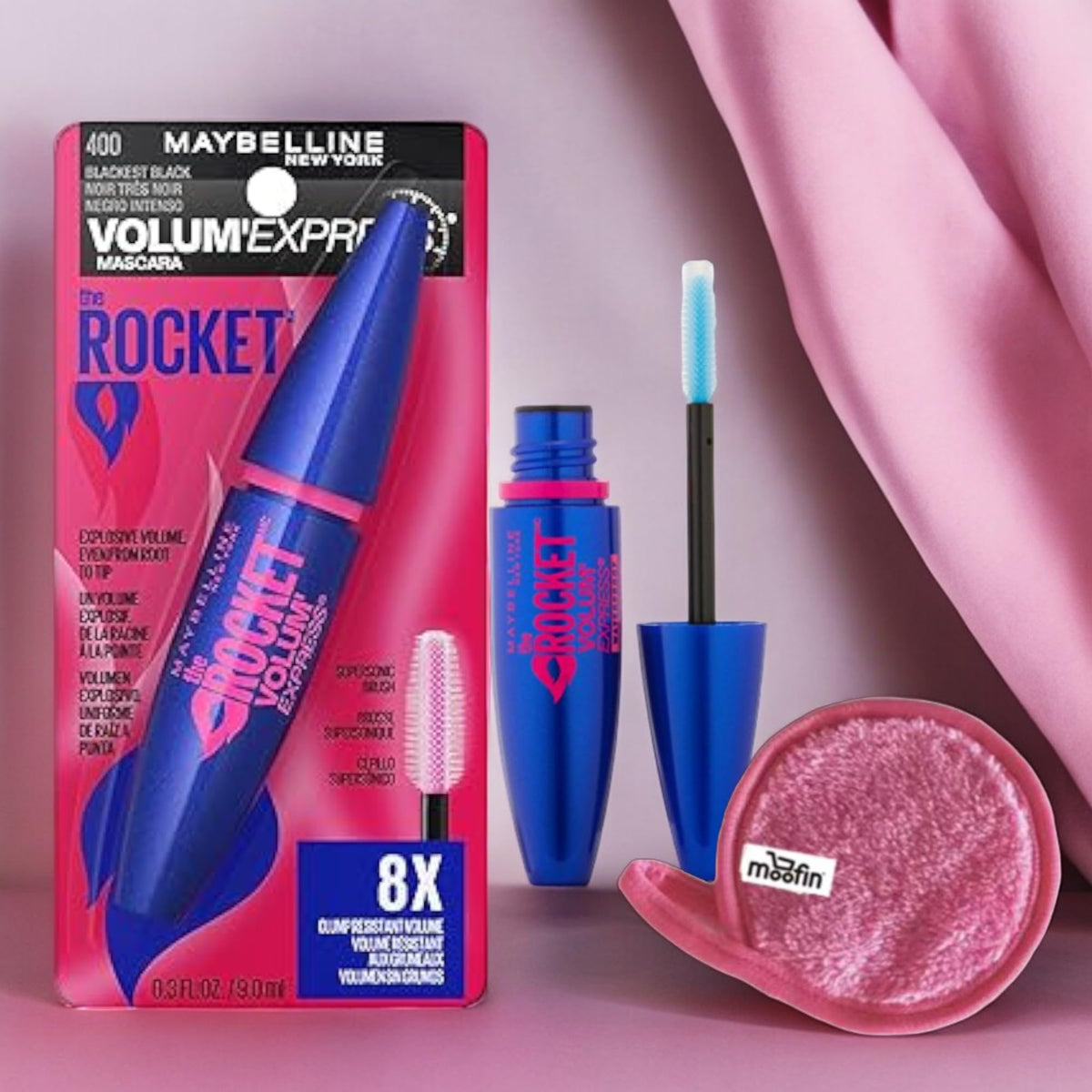 New York Volume Express The Rocket Waterproof Mascara, Very Black Mascara [411], 8X Volume, Long-Lasting - Bundle with Moofin Makeup Cleansing Cloth, Ophthalmologist Tested [Pack of 4]