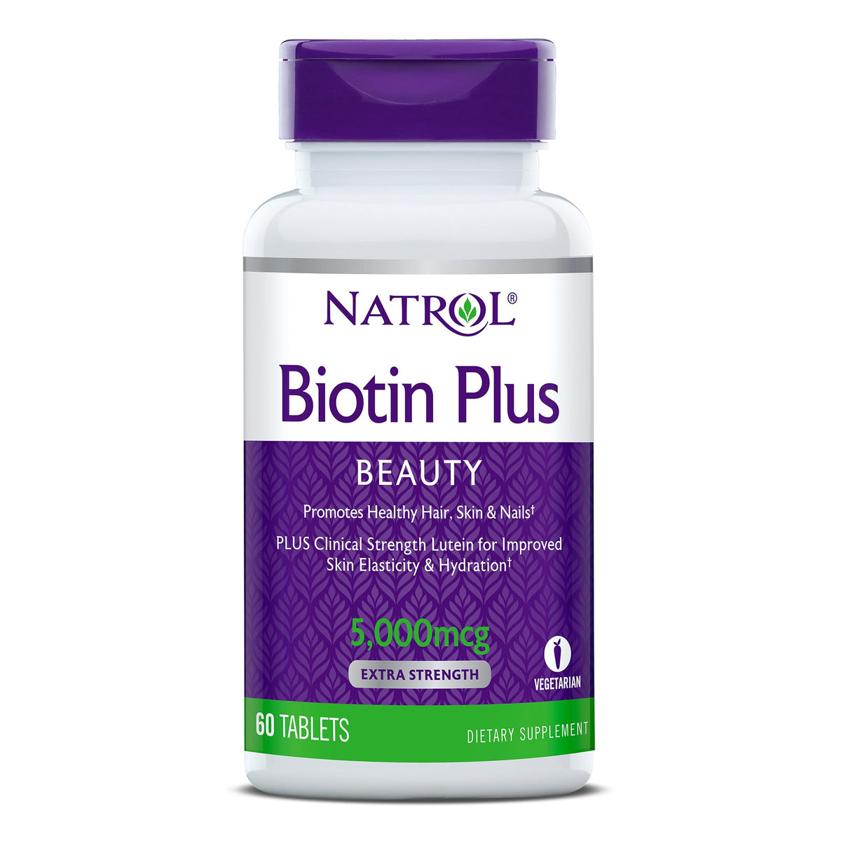 Natrol Biotin Beauty Plus Lutein Tablets, Supplement Promotes Healthy Hair, Skin and Nails, Improves Skin Elasticity and Hydration, Extra Strength 5,000 mcg, 60 Count
