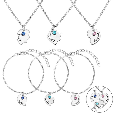6 Pcs Best Friends Forever and Ever BFF Necklaces and Bracelet Printed Puzzle Broken Heart Pendant Necklaces Set Alloy Friendship Necklace Best Friend Jewelry for Connected Necklace(Silver), Metal,