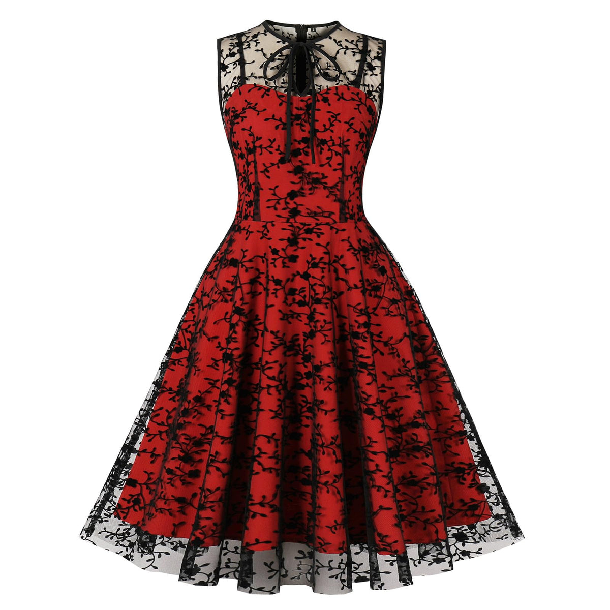 Wellwits Women's Keyhole Tie Floral Mesh Halloween Gothic Vintage Dress Red M