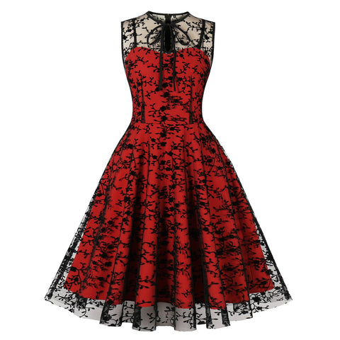 Wellwits Women's Keyhole Tie Floral Mesh Halloween Gothic Vintage Dress Red M