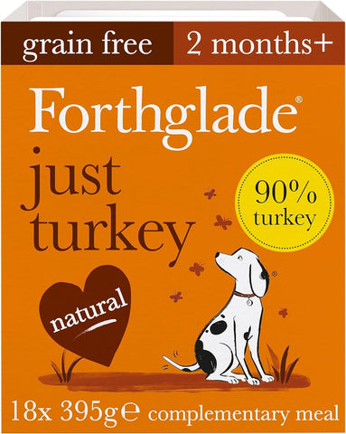 Forthglade Complementary Wet Dog Food (18 x 395g Trays) - Just Turkey with Vegetables, 90% Turkey, Grain Free Stomach Sensitive Dog Food with Natural Ingredients, Hypoallergenic Dog Food