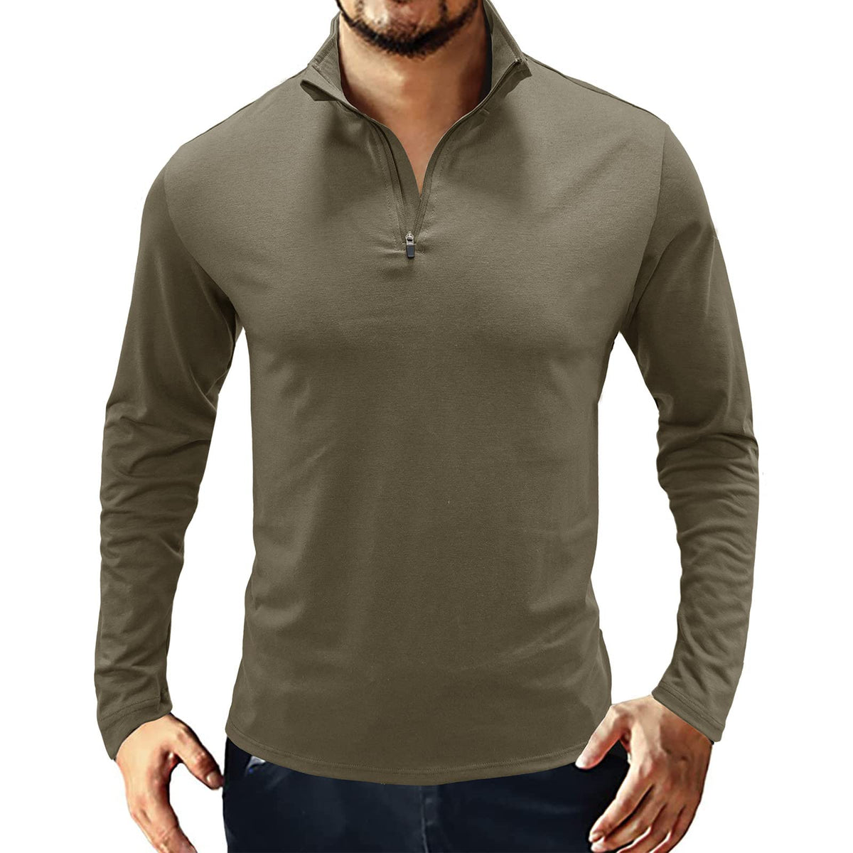 Men's Stand Collar Zipper Polo Shirt Outdoor Tactical Polo Shirt Autumn and Winter New Solid Color Long Sleeve Tshirt Green XL