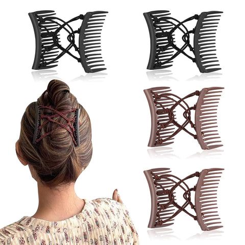 4 Pieces Stretchy Double Hair Clips: Adjustable Elastic Combs for Thick, Curly Hair - Majic Hair Accessories (Coffee and Black)