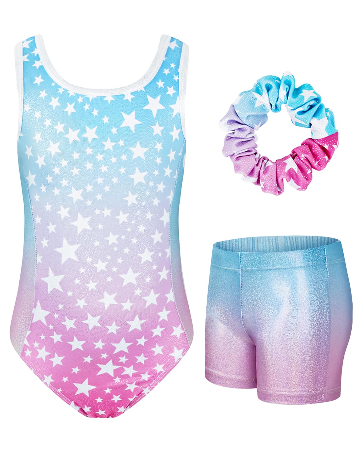 JiAmy Gymnastics Leotards for Girls with Shorts Set, Kids Gymnastics Athletic Outfit Athletic, Sleeveless Dancewear 3Pcs for Kids 3-12 Years