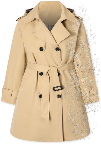 Betusline Womens Rain Jackets Double Breasted Belted Waterproof Hooded Trench Coat Windbreaker Raincoats for Womens, Waterproof-2# Khaki, L