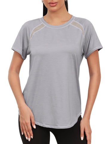 Gyabnw Gym Tops Women Workout Yoga Running Top Quick Dry Sports T-Shirt Ladies Crew Neck Short Sleeve Tee Shirts Light Grey