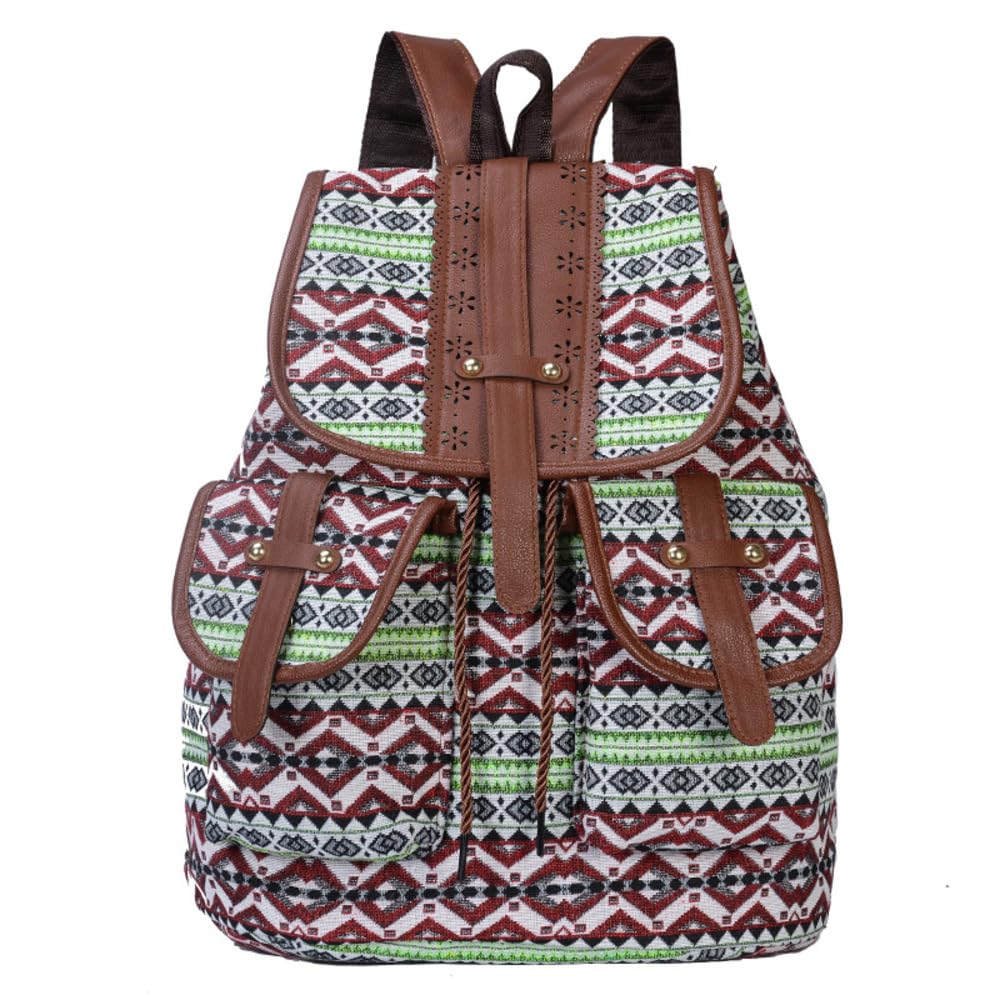 Zeollashop Hippie Canvas Women Backpack Purse- Boho Style Ethnic Drawstring Causal Double Shoulder Vintage Travel Daypack (Green), Large