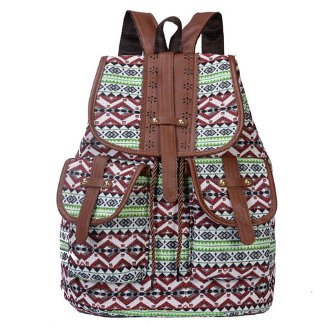 Zeollashop Hippie Canvas Women Backpack Purse- Boho Style Ethnic Drawstring Causal Double Shoulder Vintage Travel Daypack (Green), Large