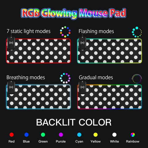 Black White Polka Dots Wireless Charging Mouse Pad for Mobile Phone Extra Large Gaming Mousepad with 13 Lighting Modes Extended Desk Mat for Gaming MacBook PC Laptop Desk Home Office