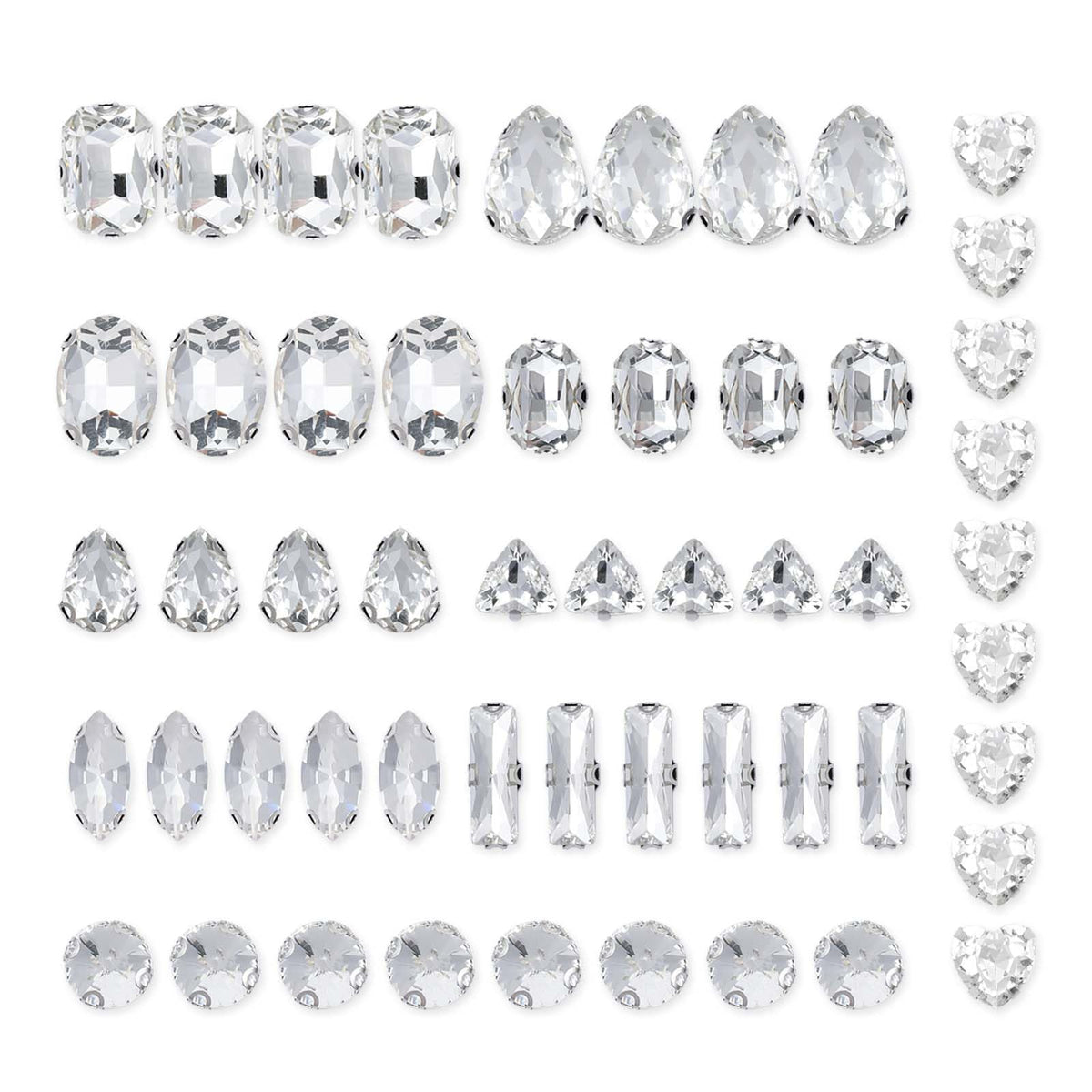 COMNICO White Sew on Rhinestones 105 PCS Mixed Shapes Glass Sew on Crystal Gems Mental Flatback Claw Gemstones for Jewelry Crafts Clothes Shoes