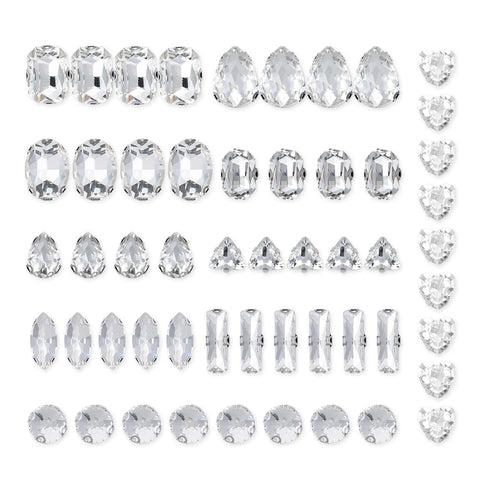 COMNICO White Sew on Rhinestones 105 PCS Mixed Shapes Glass Sew on Crystal Gems Mental Flatback Claw Gemstones for Jewelry Crafts Clothes Shoes