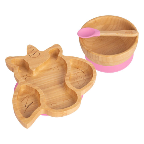 Tiny Dining Childrens Bamboo Unicorn Plate, Bowl and Spoon with Suction Cups - Segmented Design, Eco-Friendly - Pink