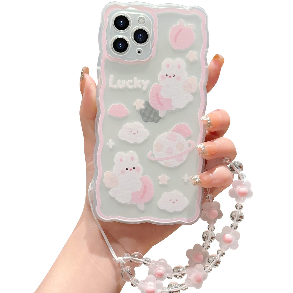 ZSYTZL Compatible with iPhone 11 Pro Max Case Cute Cartoon Peach Rabbit Pattern with Cute Chain Design for Women Girls Kawaii Slim Soft TPU Transparent Case for iPhone 11 Pro Max-Peach Rabbit