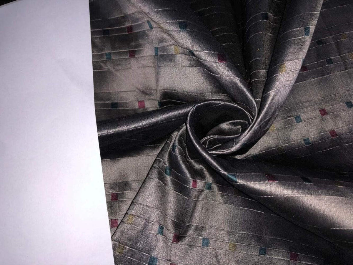 100% Silk Taffeta Jacquard Fabric Grey Jacquard Plaids with Gold, Kingfisher Green and Watermelon Pink Stripes 54" Wide TAFJACNEW14[3]