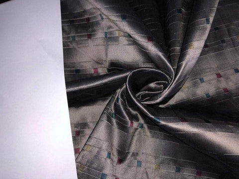 100% Silk Taffeta Jacquard Fabric Grey Jacquard Plaids with Gold, Kingfisher Green and Watermelon Pink Stripes 54" Wide TAFJACNEW14[3]