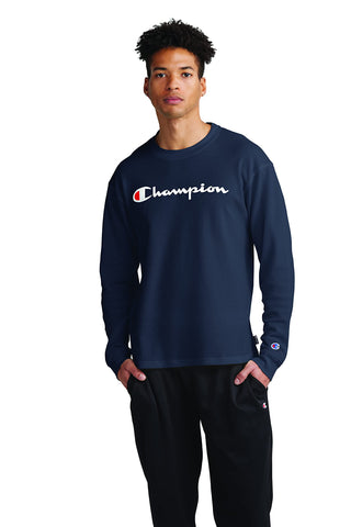 Champion Crewneck Waffle, Comfortable Long Sleeve Shirts for Men, Navy-549921, Large