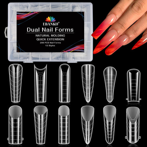 EBANKU 288PCS Clear Dual Nail Forms System Full Cover Nail Mold Tips Acrylic Nail Extension Tools for Nail Art Salon Nails Design(12 Styles)