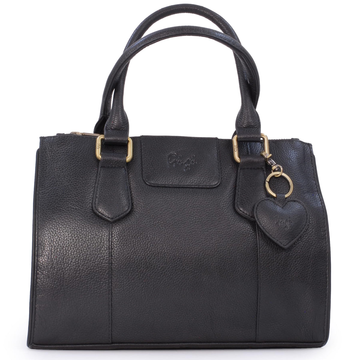 Gigi - Women's Mid-Size Leather Tote Handbag - Top Handle Bag - GIOVANNA 9046 - with heart keyring charm - Black