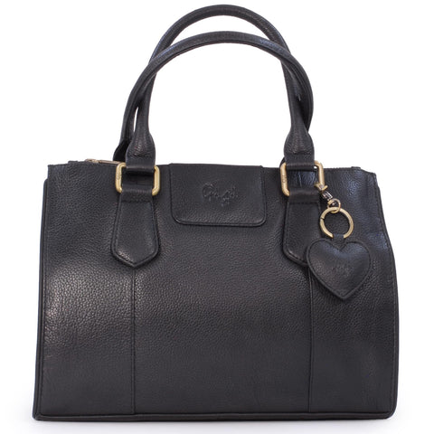 Gigi - Women's Mid-Size Leather Tote Handbag - Top Handle Bag - GIOVANNA 9046 - with heart keyring charm - Black
