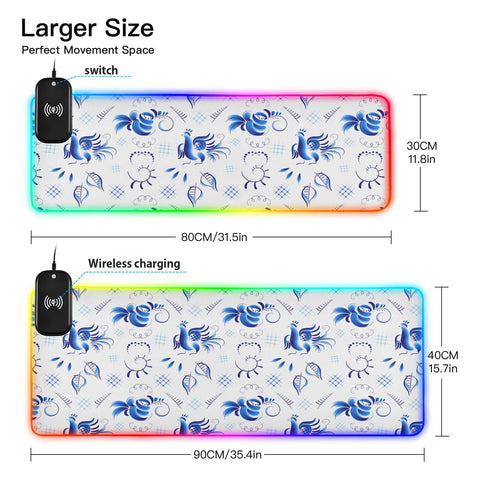Blue Birds Roses Wireless Charging Mouse Pad for Mobile Phone Extra Large Gaming Mousepad with 13 Lighting Modes Extended Desk Mat for Gaming MacBook PC Laptop Desk Office Home
