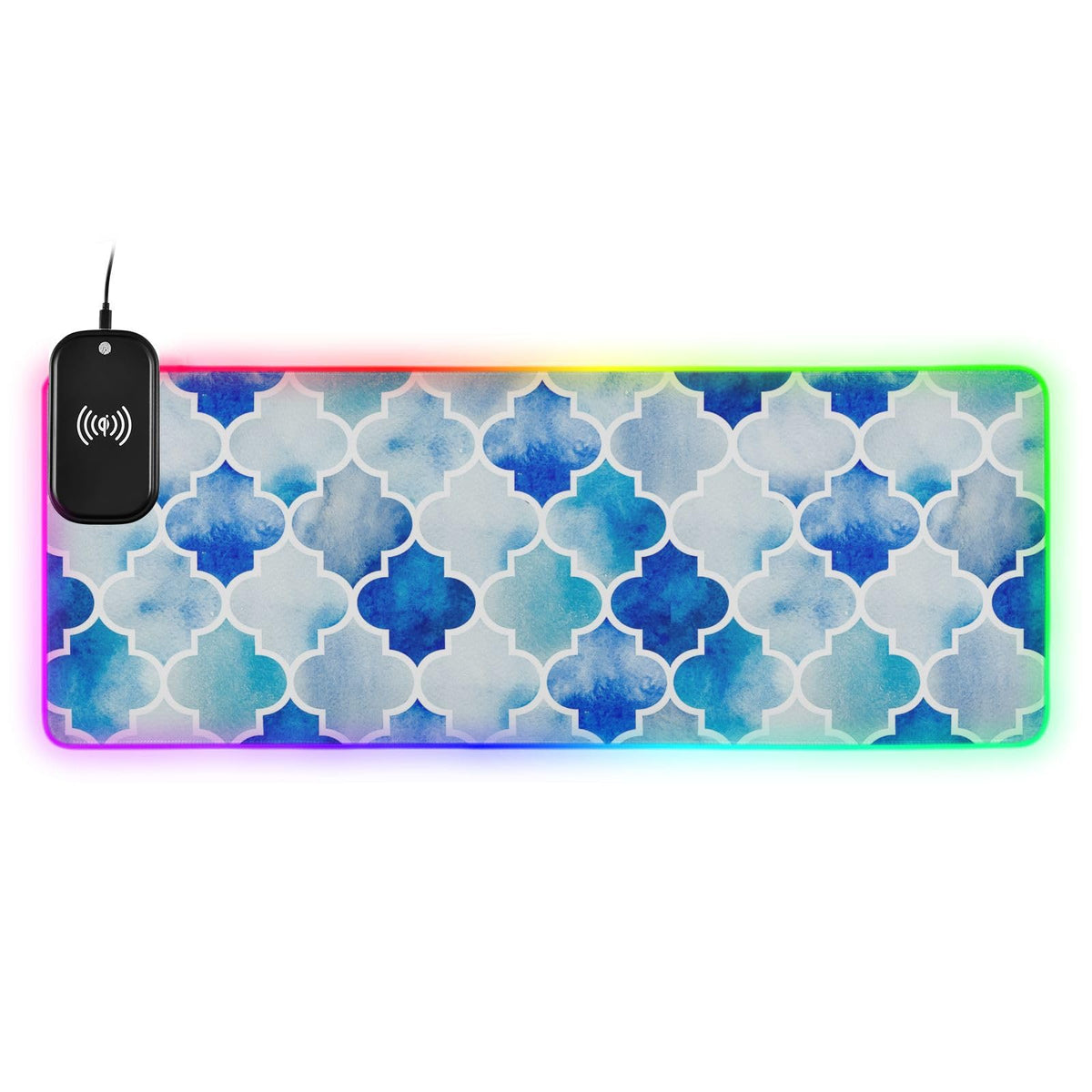 Blue Moroccan Tile Wireless Charging Mouse Pad for Mobile Phone Extra Large Gaming Mousepad with 13 Lighting Modes Extended Desk Mat for Gaming MacBook PC Laptop Desk Office Home