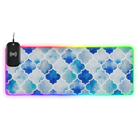 Blue Moroccan Tile Wireless Charging Mouse Pad for Mobile Phone Extra Large Gaming Mousepad with 13 Lighting Modes Extended Desk Mat for Gaming MacBook PC Laptop Desk Office Home