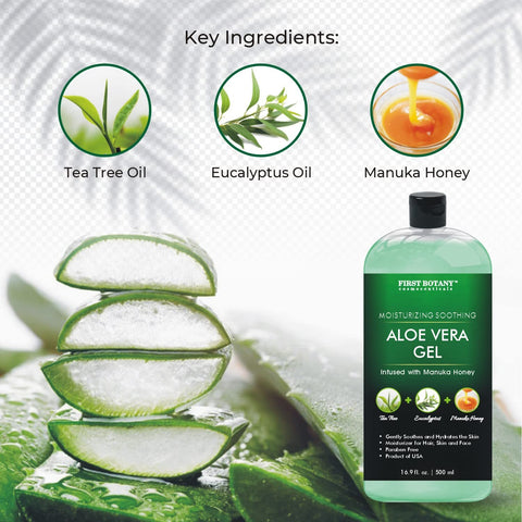 First Botany, Aloe vera gel from 100% Pure Aloe, Natural Raw Moisturizer with Tea tree oil Eucalyptus oil & Manuka Honey for Hand Sanitizing Gel, Skin Care, Hair Care Sunburn Acne & Eczema, 500 ml