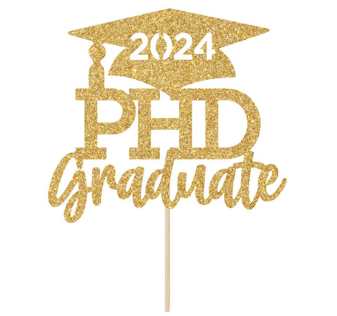 PHD Graduate Cake Topper, PHD Graduation Decor, Congrats PHD, Class of 2024 PhD Graduation Party Decorations Gold Glitter
