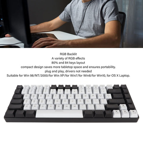 VBESTLIFE 80% Mechanical Gaming Keyboard, 84 Keys RGB Backlit Swappable Gaming Keyboard Type C Wired Ergonomically Curved Quiet Keyboard, for Gaming Office Editing (White)