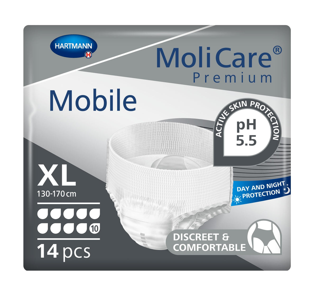 MoliCare Premium Mobile Disposable Pull Up Pants: Discreet Use for Woman and Men with Incontinence; 10 Drops, Size XL, Pack of 14