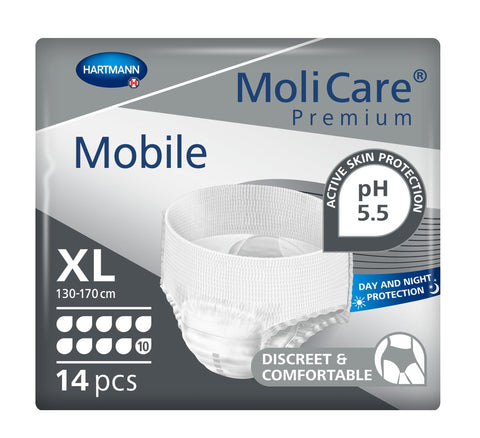 MoliCare Premium Mobile Disposable Pull Up Pants: Discreet Use for Woman and Men with Incontinence; 10 Drops, Size XL, Pack of 14
