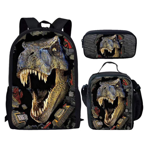 Howilath 3D Dinosaur Print Kids School Bag Boy Girl Canvas Daypack Durable Backpack with Lunch Bag Pencil Case 3Pcs Set