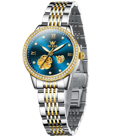 OLEVS Women Automatic Watch Diamond Skeleton Luminous Luxury Formal Waterproof Two-Tone Stainless Steel Bracelet Blue
