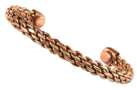 Touchstone Copper Magnetic Hand Forged With Solid And High Gauge Tibetan Style Multi Layer Braid Pattern Minimalistic Elegance Pure Copper Bracelet In Two Tones.