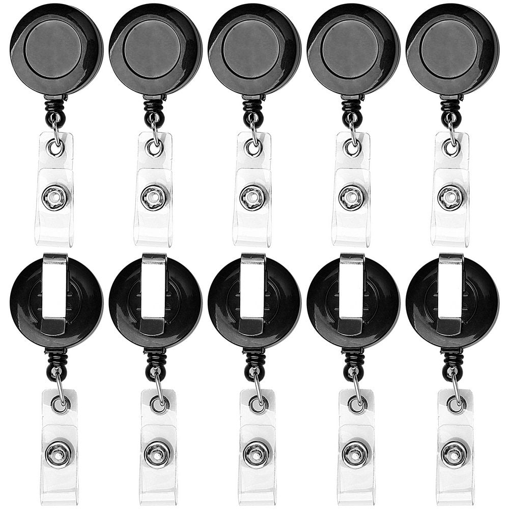 kuou 10 Pack Retractable Badge Holder, Retractable Keyring Lanyard Badge Reels Holder Set Extendable Belt Clips Heavy Duty Badge Tether Retractable Keychain for Lanyard Key Ring Id Card Holder(Black)