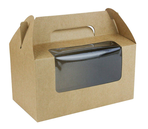 Emartbuy Strong Paper Stand Up Square Gift Box Bag, 9 cm x 9 cm x 16 cm, Brown Gable Kraft Bag Box Cupcakes Cookies Muffin Pie Box with Clear Window and Carry Handle - Pack of 12