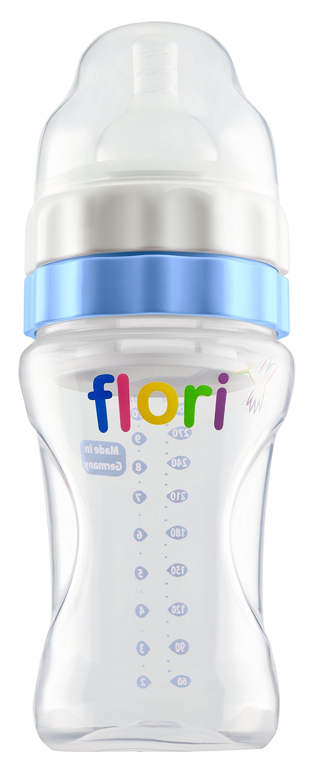 Flori Baby Bottle for on The go, Mix and go Ideal for Night Feeding, Drinking Bottle with Teat, BPA Anti-Colic Teat, 100% Made in Germany, 300 ml, Blue