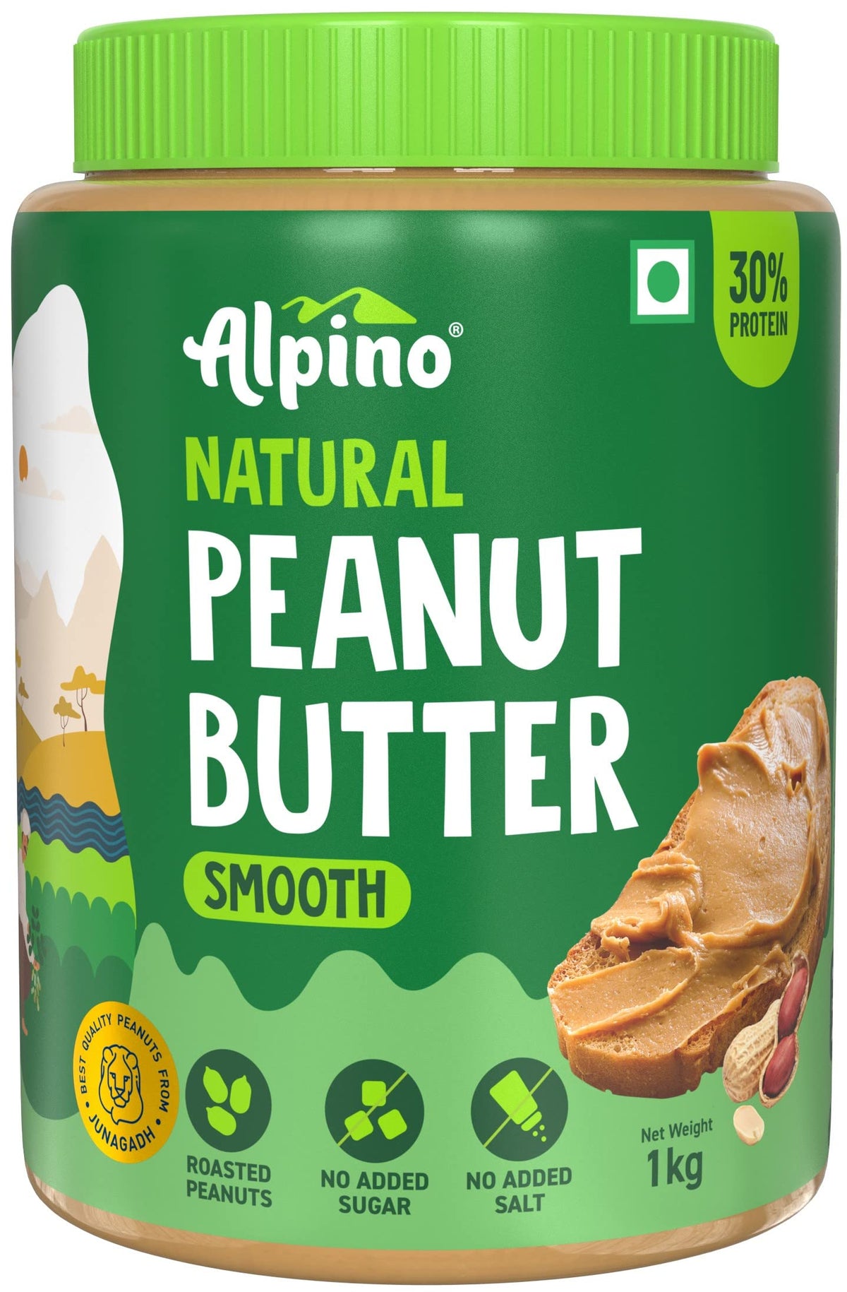 ALPINO Natural Peanut Butter Smooth - Made with 100% Roasted Peanuts - 30g Protein, No Added Sugar & Salt, Gluten Free â€“ Plant Based, Unsweetened Peanut Butter Creamy (1 KG)
