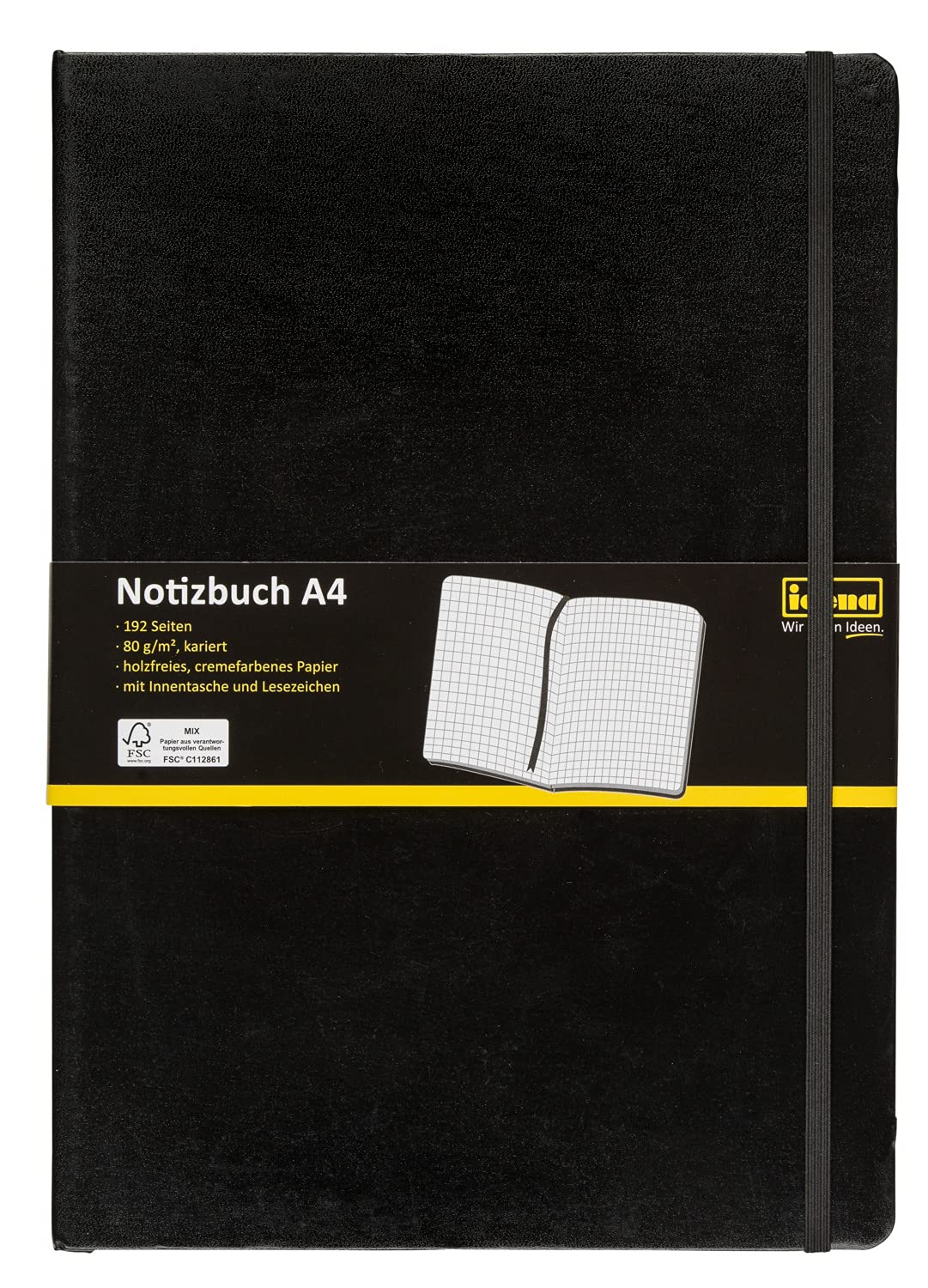 Idena Notebook with Bookmark and Inner Pocket FSC-Mix Black A4 karriert Schwarz