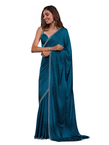 TRENDMALLS Women's Satin Georgette Siroski work Saree with Unstitch Blouse Piece (K1086-Morpeach)