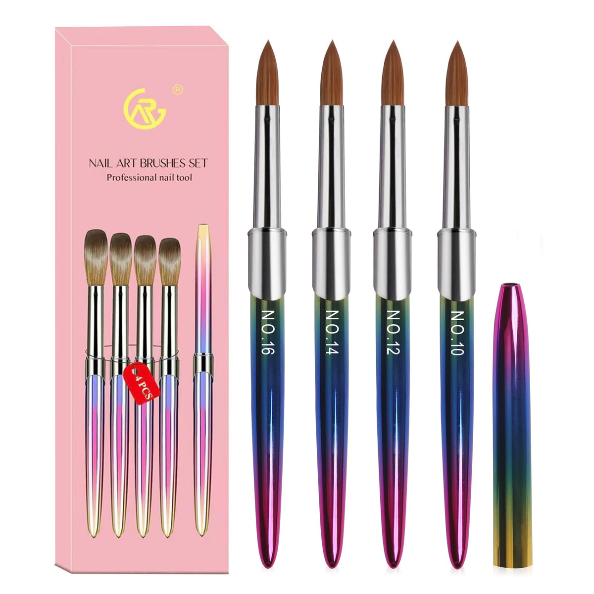 4 PCS Nail Brushes, Professional Nail Art Brush Set Size 10/12/14/16, Nail Design Brushes for Acrylic Powder Gel, fit for Acrylic Nails 3D Nailcarving Brushes Gel Nail Polish Brush Kit Metal Handle