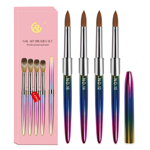 4 PCS Nail Brushes, Professional Nail Art Brush Set Size 10/12/14/16, Nail Design Brushes for Acrylic Powder Gel, fit for Acrylic Nails 3D Nailcarving Brushes Gel Nail Polish Brush Kit Metal Handle