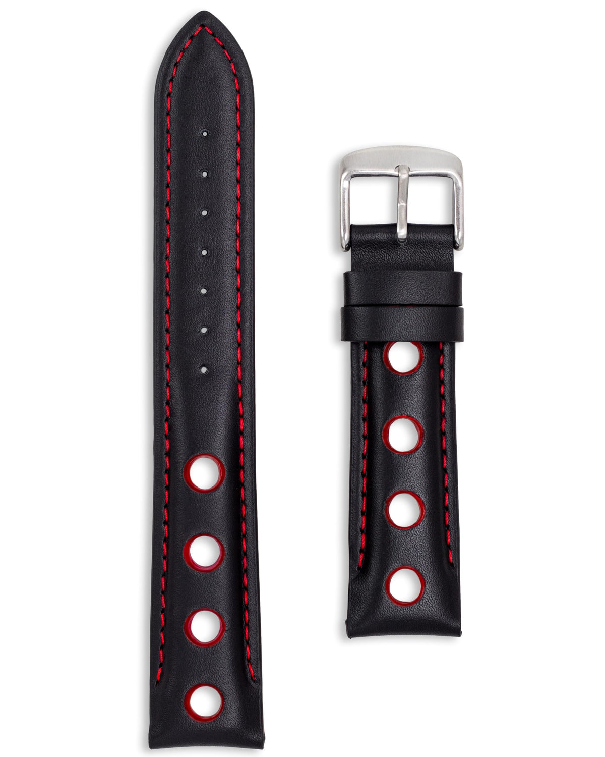 Black Leather Rally Watch Strap - Red Holes 20mm - Handmade Perforated Racing Band with Silver Buckle - Black/Red 20mm