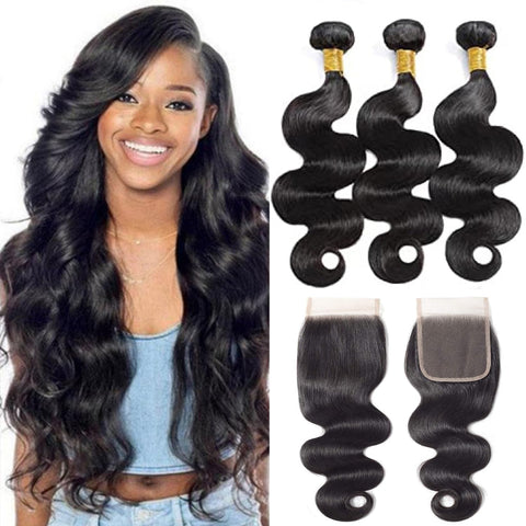 Selina Brazilian Body Wave Hair 3 Bundles With Free Part Closure Brazilian Virgin Human Hair 12A 100% Unprocessed Brazilian Hair Lace Closure Natural Black(10 10 10 with 8, Body)