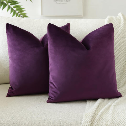 JOTOM Soft Velvet Decorative Throw Pillow Covers 50x50 cm Solid Cushion Covers 20x20 Inch Cushion Case Square Pillow Cases for Couch Sofa Living Room Bedroom Home Decor Set of 2 (Eggplant Purple)