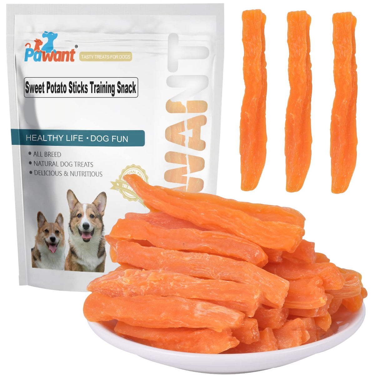 Pawant Sweet Potato Dog Treats no Rawhide for Small and Large Dog Sticks Puppy Training Snacks Grain Free 0.5lb/227g