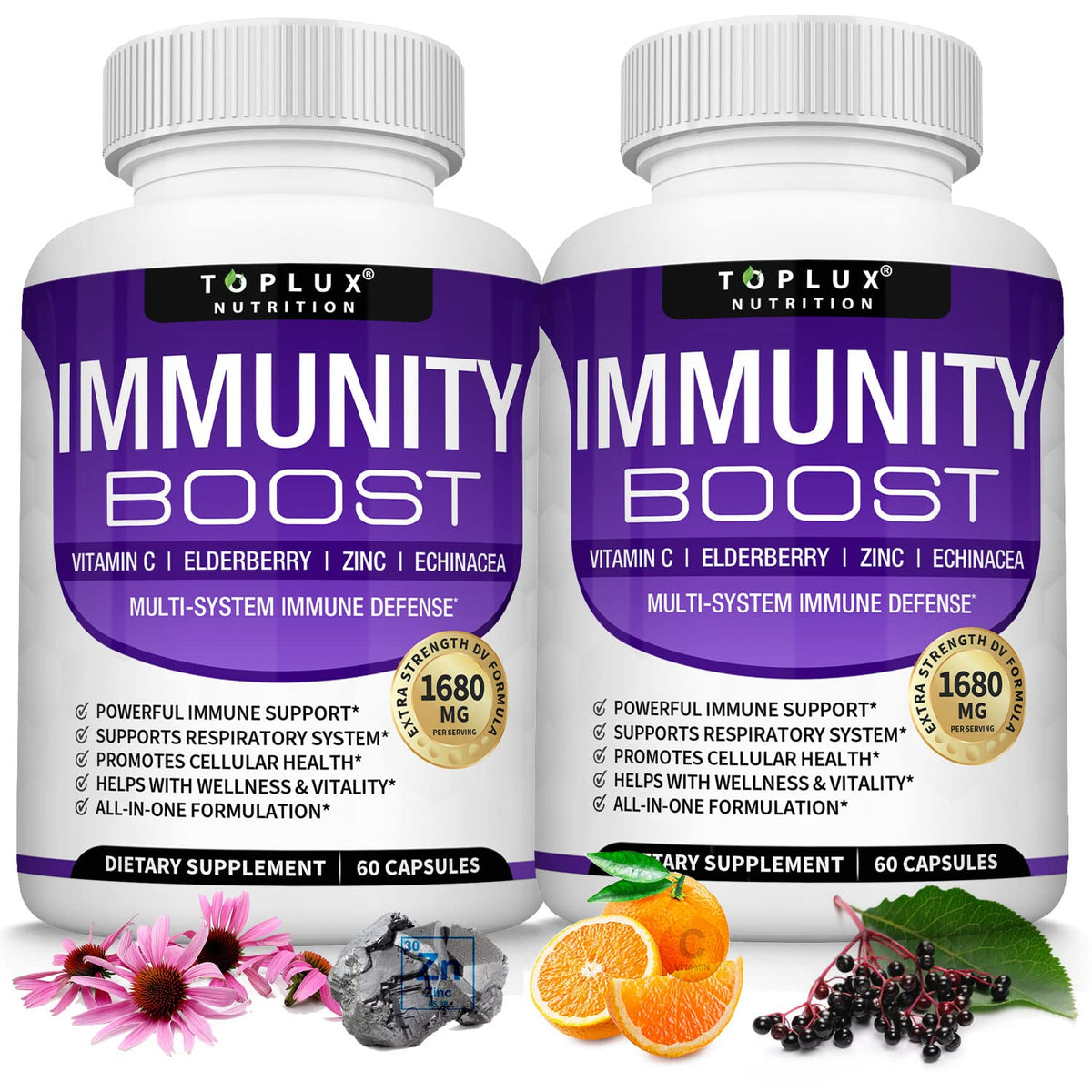 10 in 1 Immunity Boost Immune Support Supplement - 1650mg Made with Elderberry, Vitamin C, Zinc, Echinacea & Probiotics for Immune System Booster, Support Healthy Respiratory System, 2x 60 Capsule