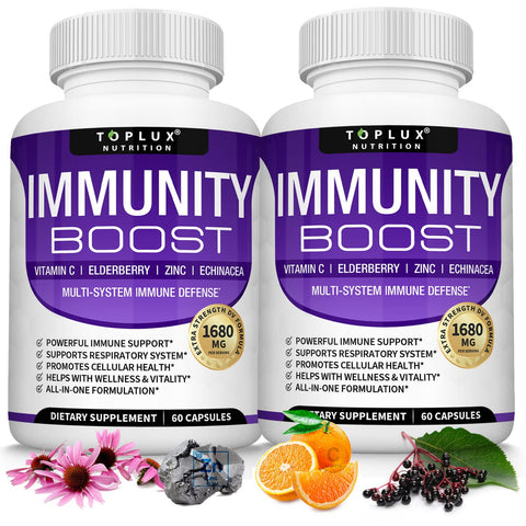 10 in 1 Immunity Boost Immune Support Supplement - 1650mg Made with Elderberry, Vitamin C, Zinc, Echinacea & Probiotics for Immune System Booster, Support Healthy Respiratory System, 2x 60 Capsule