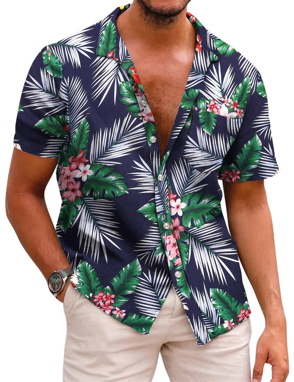 Runcati Mens Hawaiian Shirts Short Sleeve Button Down Cuban Palm Print Beach Tropical Holiday Shirt Navy Blue